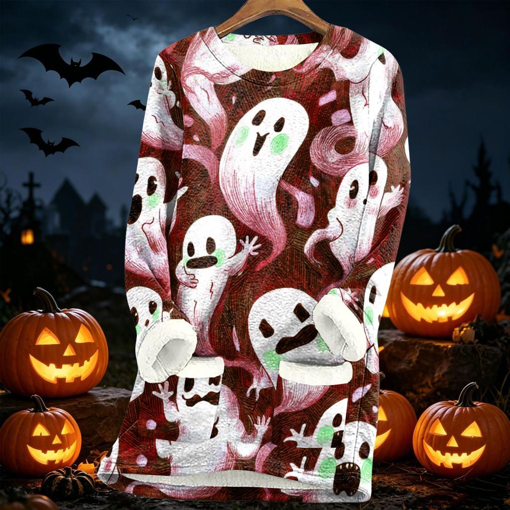 Womens Long Sleeve Fleece Lined Pullover Dress Halloween Pumpkin Print Thick Sherpa Sweatshirt Tunic for Fall Winter