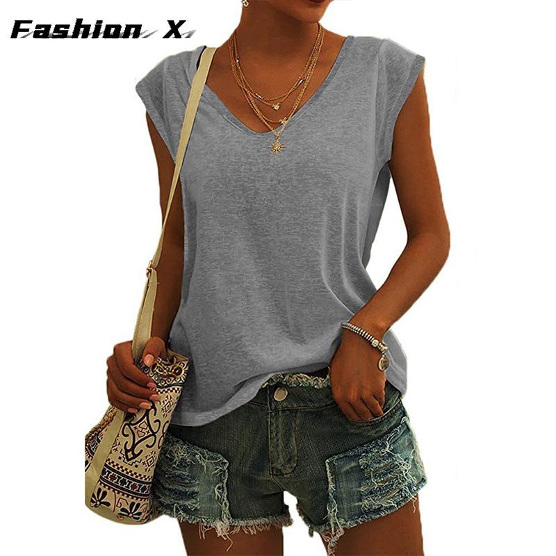 

Женская красочная хлопковая однотонная свободная футболка с v-образным вырезом и рукавами M