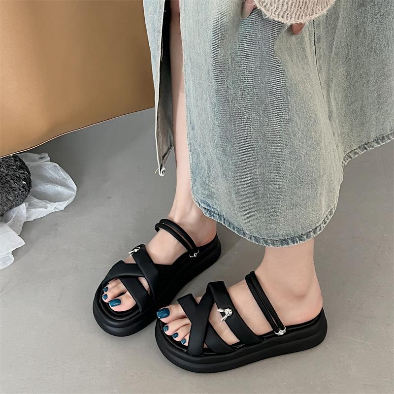 Solid Color Sandals Women's Spring New Popular Versatile Thick-soled Non-slip Casual Fairy Wind Beach Sandals Women