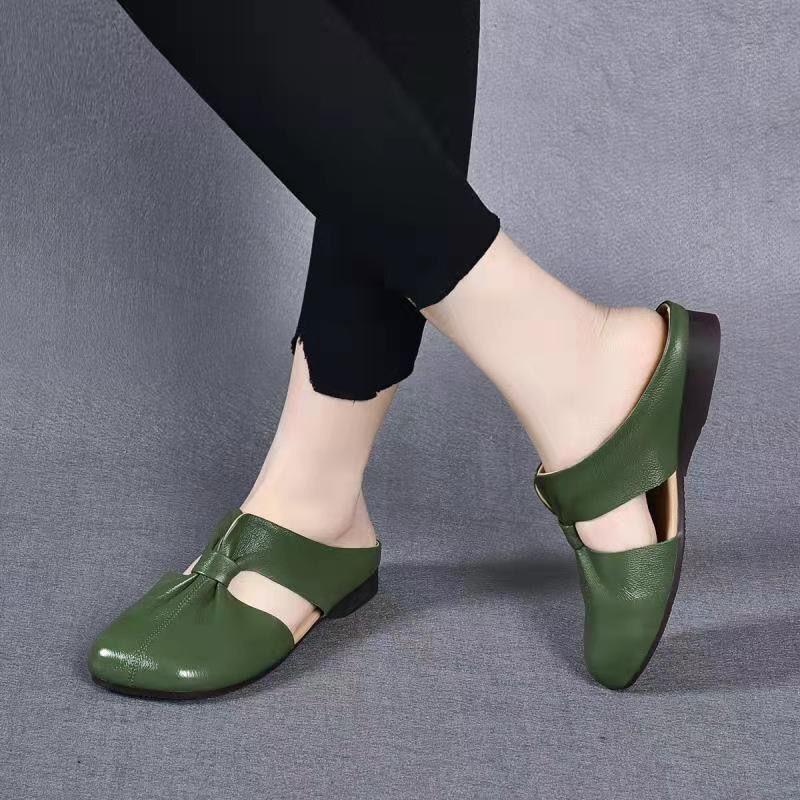 Spring and summer new retro low-heeled soft leather soft surface soft bottom square head hollow cool slippers