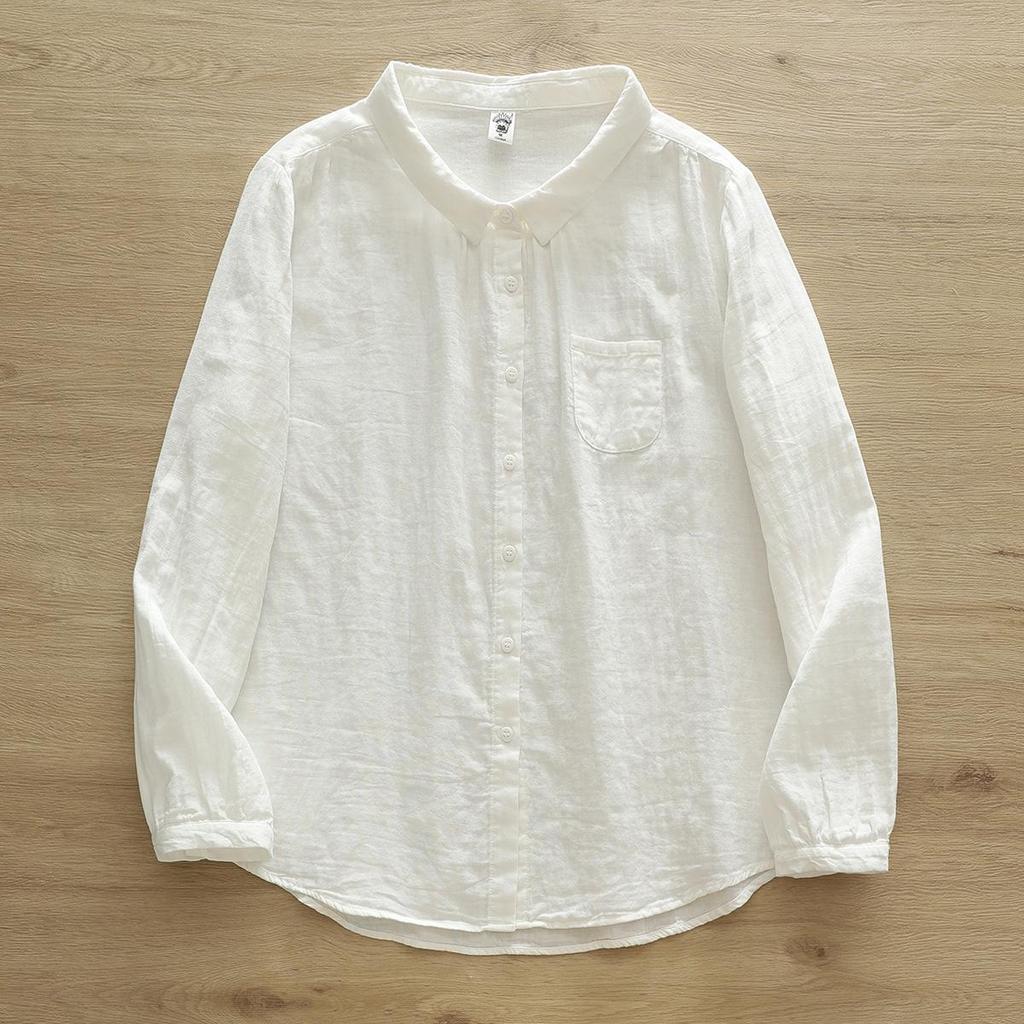 Pure Cotton Women's Lapel Pleated Blouse - Solid Color, Long Sleeve, Double Layer Yarn, Spring/Autumn.