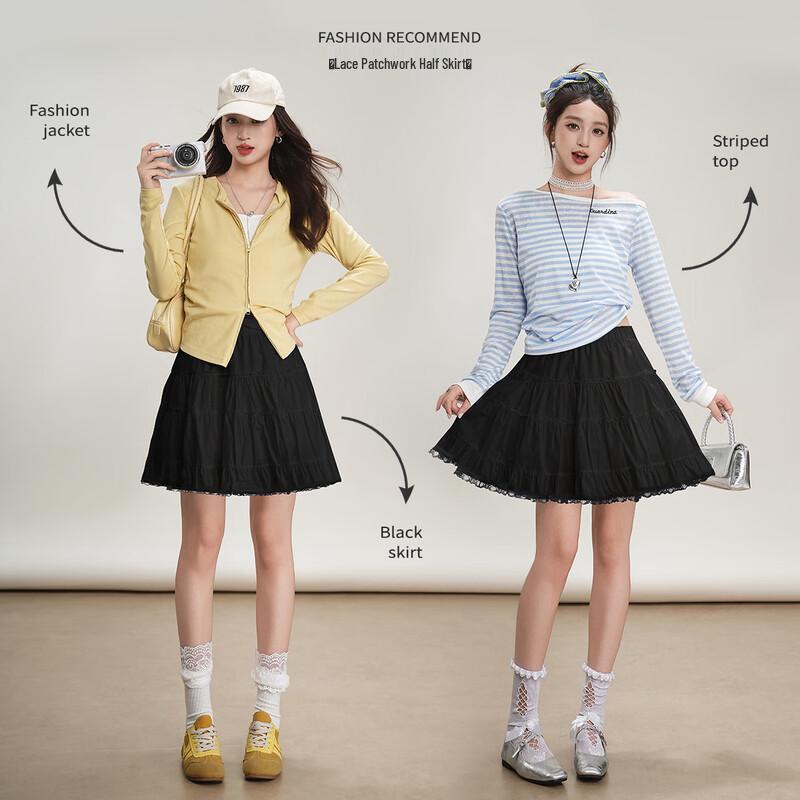 Sweet High-Waist A-Line Mini Skirt with Lace Trim M