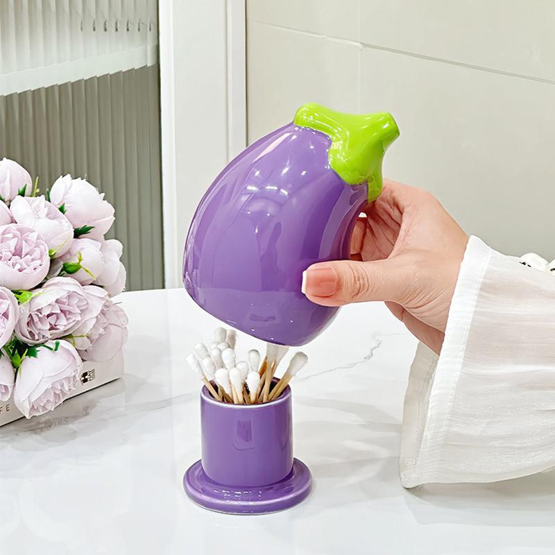 Cute Eggplant Toothpick Holder Ceramic Floss Box Desktop Decoration