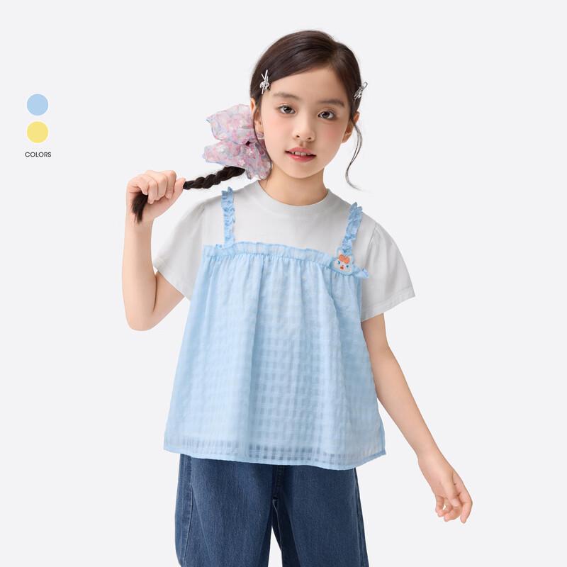 Girls  Faux Two-Piece Plaid Short Sleeve Shirt 140
