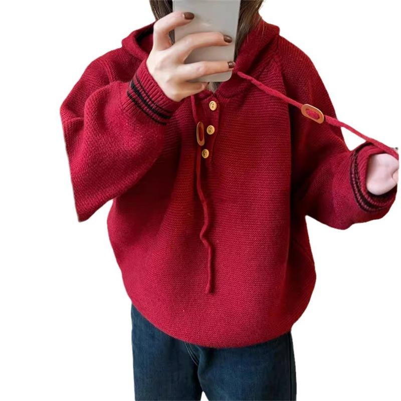 Autumn and winter new casual simple hooded knitted sweater top women's loose lazy simple pullover sweater