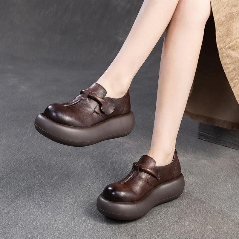 Fashion Summer New Retro Thick Soled Genuine Leather Flats Loafer Simple And Comfortable Casual Commuter Women's Outdoor Walking  Shoes
