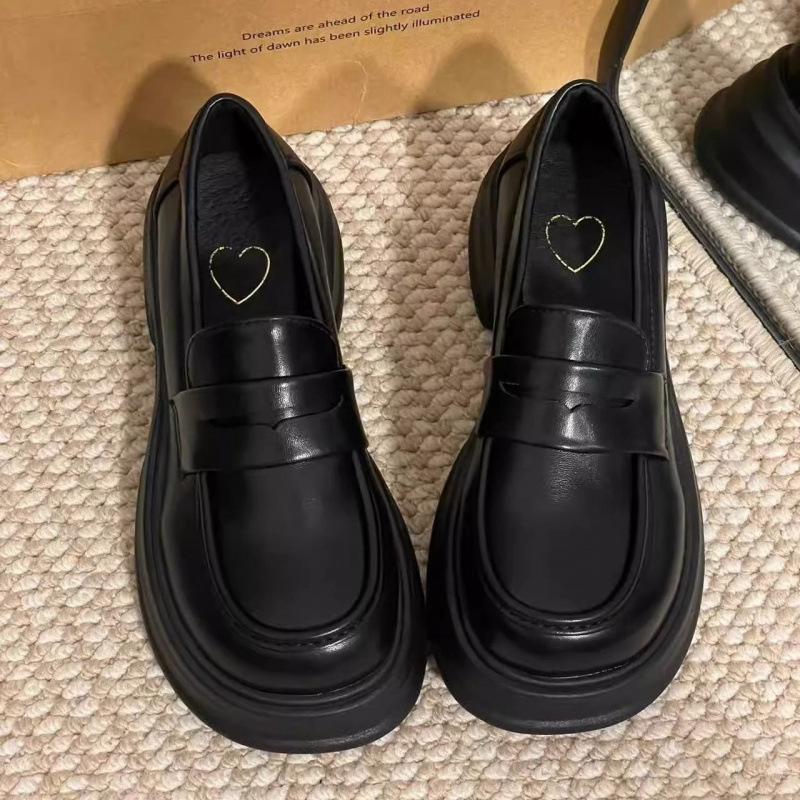 Single Shoe Women's Black College Style Small Leather Shoes Versatile British Loafers Uniform Shoes Round Toe Thick Sole