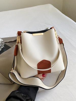 2023 Women's Color Block Crossbody: New Fashion Texture Bucket Bag with Wide Shoulder Strap