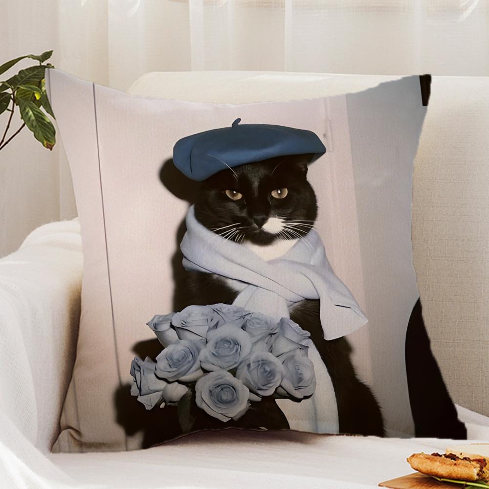 Black C-cat Cushion Cover Premium Comfort Reversible Pillow Cover - Dual - Use Design for Home & Car