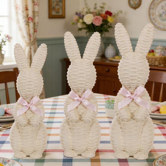 Rattan Effect Resin Easter Bunny Figurine Wicker Rabbit Statue with Bow for Spring Table Centerpiece Indoor Outdoor Patio Yard Farmhouse Home Decor