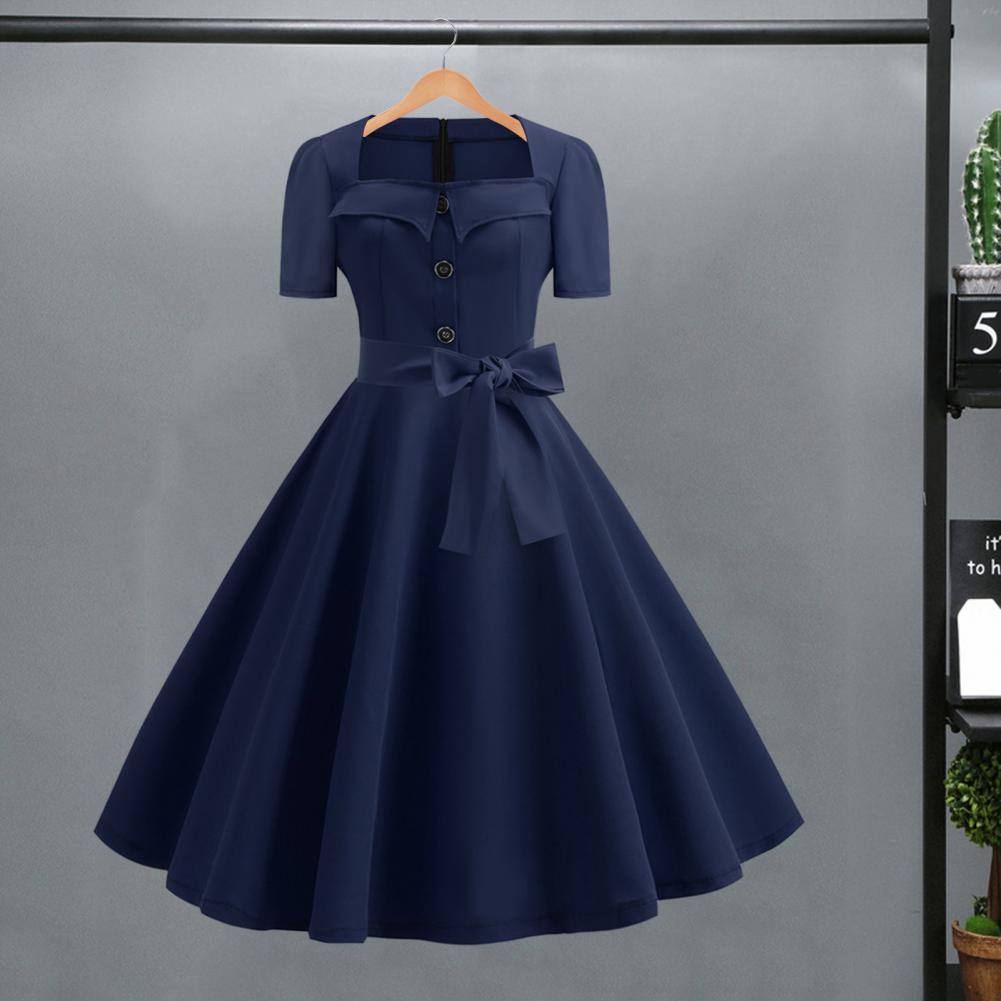 Women Dress Square Neck Short Sleeve Vintage Style 1950s A-line Big Hem Button Decor Dot Print Color Matching Mid Waist Belted Bow Decor