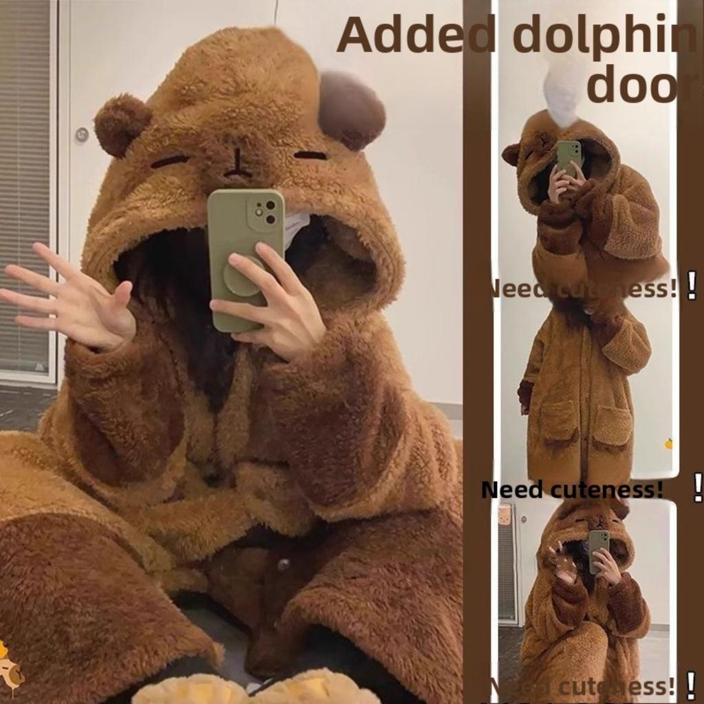 Women's Winter Hoodie - Thick Plush Animal Pattern Long Home Dress, Super Soft Warm Pajamas, Comfortable Casual Wear,Warm Home Dress