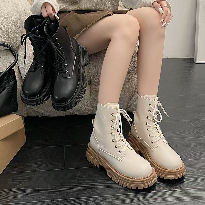 Locomotive small lace-up Martin boots women's 2025 new autumn British style explosion white thick-soled thin short boots
