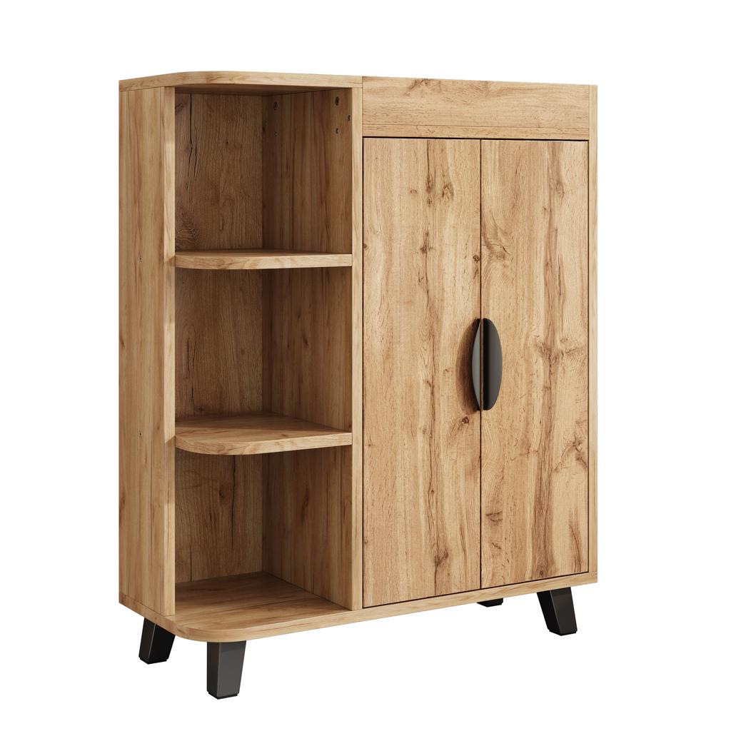 Narrow Shoe Cabinet, Double-Door, Shoe Rack with Open Compartments, Wood Look, Multi-Purpose Cabinet for Hallway, for Small Spaces, with Top Shelf