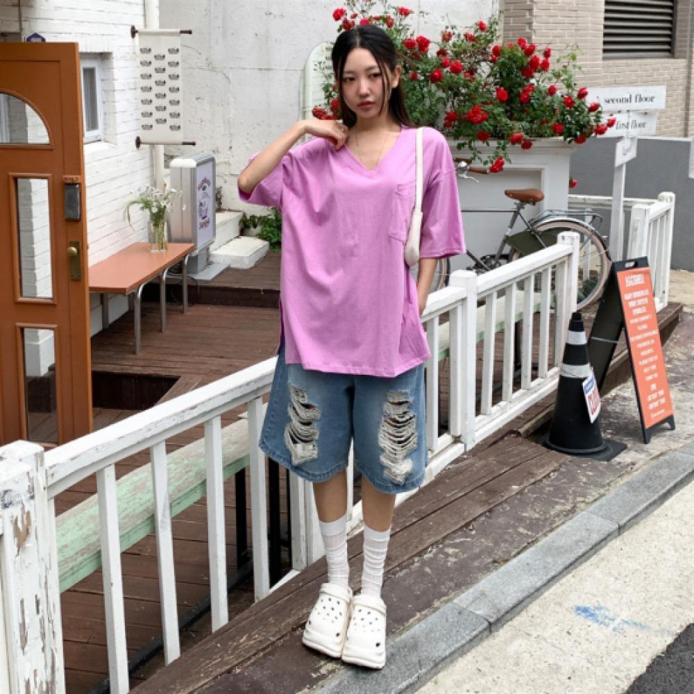 New ArriVals Open Run Women V Neck Double PockeT oVersized ShorT sleeVe T shirT