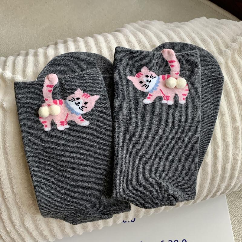 

Cute Cat Egg Socks Funny Mid Calf Warm Socks For Women 3D Cat Design Winter Cozy Socks серый