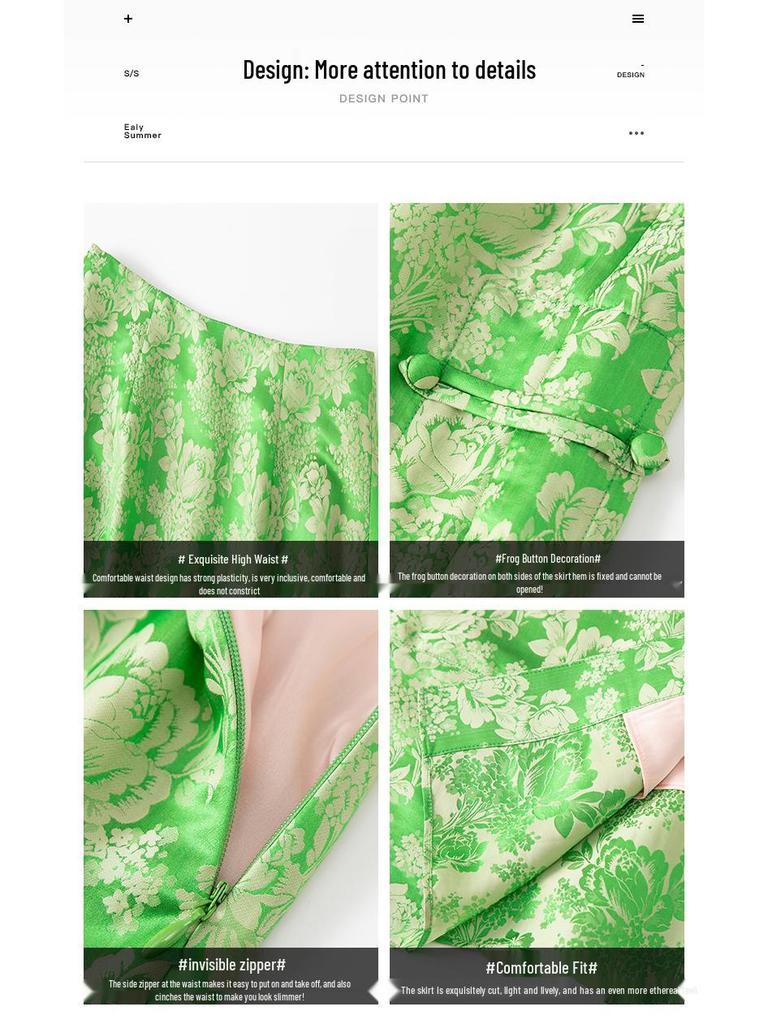 2026 Spring/Summer Women's Black Silk Midi Skirt - Chinese National Style, Jacquard A-line with Slit