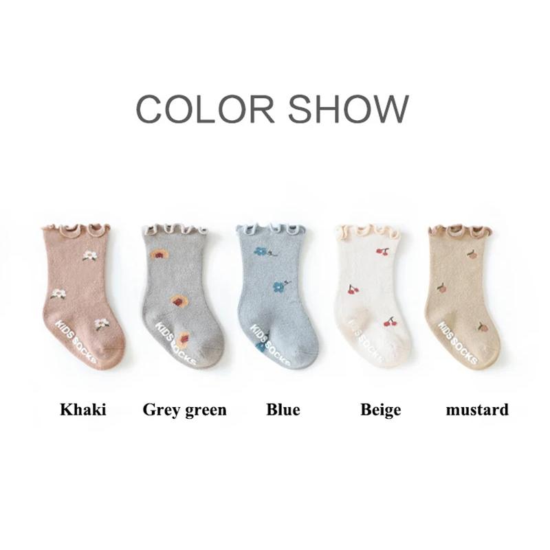 

5 пар в лоте Осенние детские милые носки с цветочным принтом для детей, девочек, с цветами, вишней, нескользящие, детские носки для ходьбы по полу 0-6M for XS