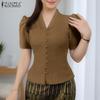 ZANZEA Blusa Casual de Verano para Mujer con Cuello en V, Manga Corta y Corte Slim