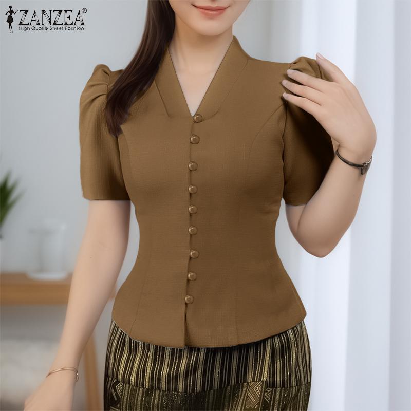 ZANZEA Blusa Casual de Verano para Mujer con Cuello en V, Manga Corta y Corte Slim