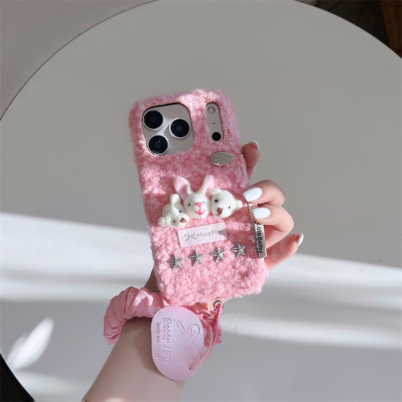 Lambswool Plush Bear and Rabbit Head Case for iPhone 17/16 Pro Max/15/14