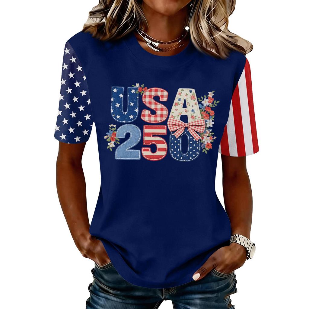 Blusa Feminina da Moda Casual de Manga Curta com Estampa e Gola Redonda