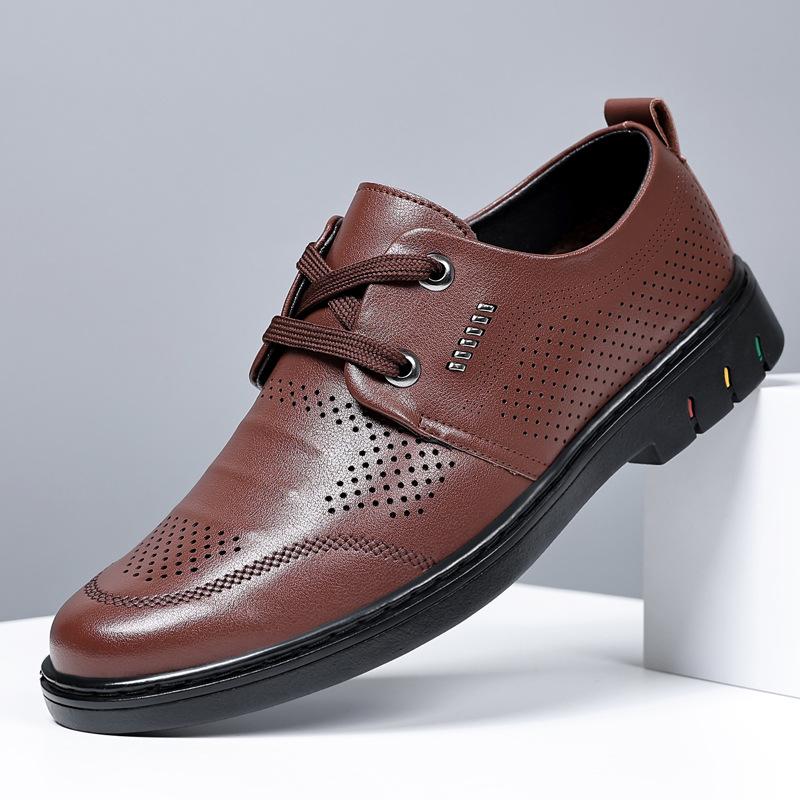 Large Size Summer Versatile Breathable Hollow Casual Men's Shoes Lace-up Low-top Men's Punched Hole Leather Sandals