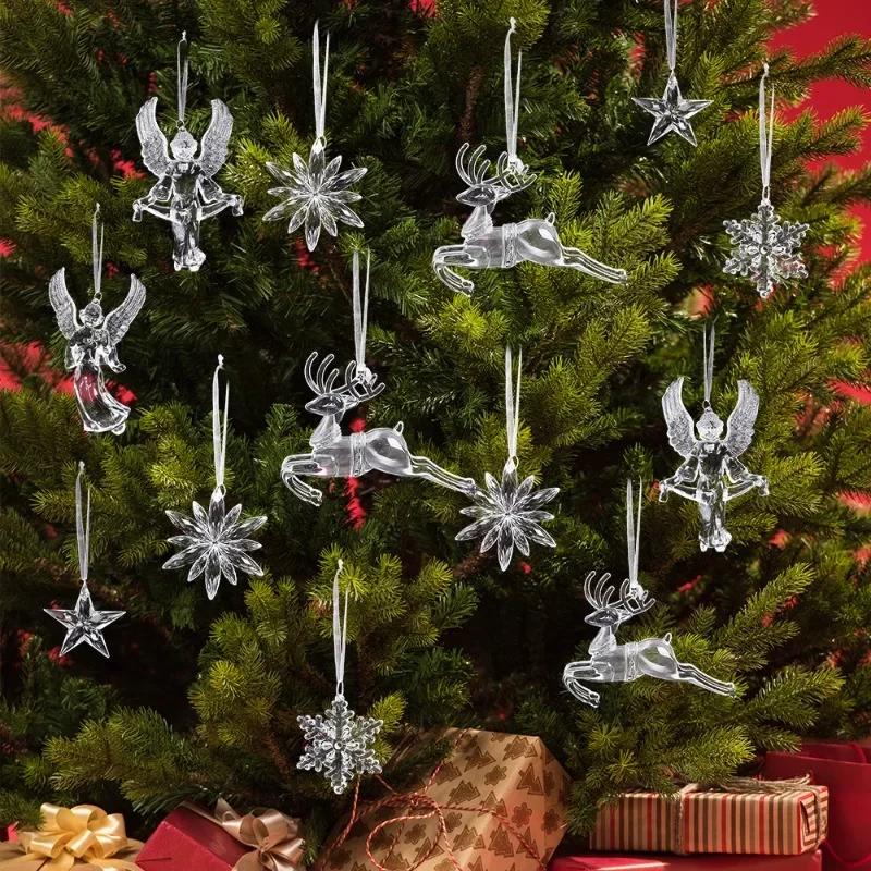 Clear Crystal Snowflake Icicle Pendants Acrylic Christmas Tree Ornaments Holiday New Year Home Party Hanging Decoration Supplies