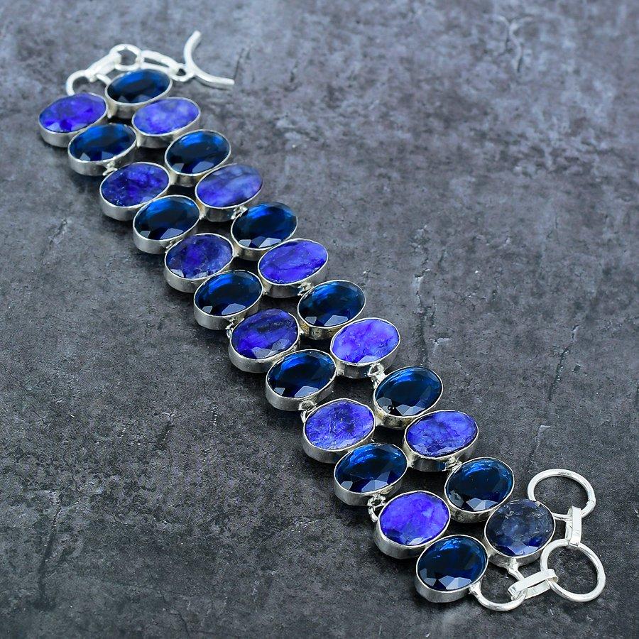 Sapphire(Simulated), Topaz Ethnic 925 Sterling Silver Bracelet 7-8" U8T50