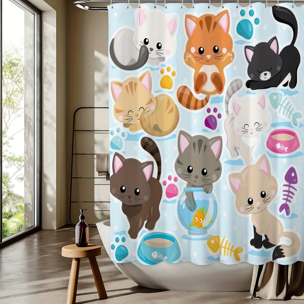 Kitten Cartoon Pattern Digital Print Shower Curtain - Machine Washable, Reversible Polyester, All-Season Bathroom/Home Decor