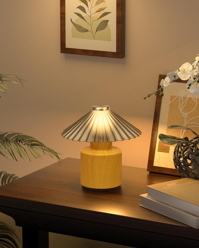Cordless, USB Rechargeable, Touch-Dimmable LED Table LampNight Light, Eye-Friendly, Modern Design, Wood Grain Finish, Ideal for Bedrooms,