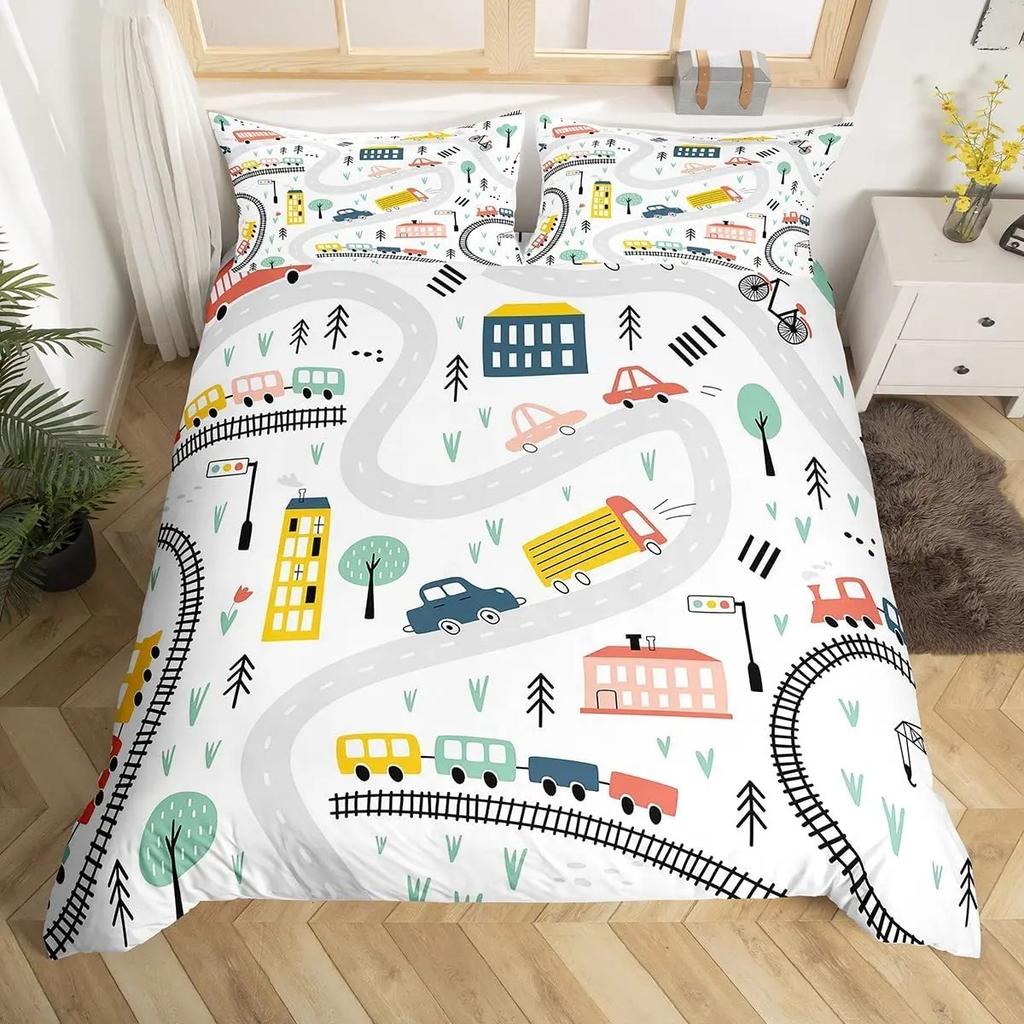 Kids Cartoon Car Duvet Cover Set City Building Street Road Bedding Set Microfiber Vehicle Truck Comforter Cover Twin Queen Size