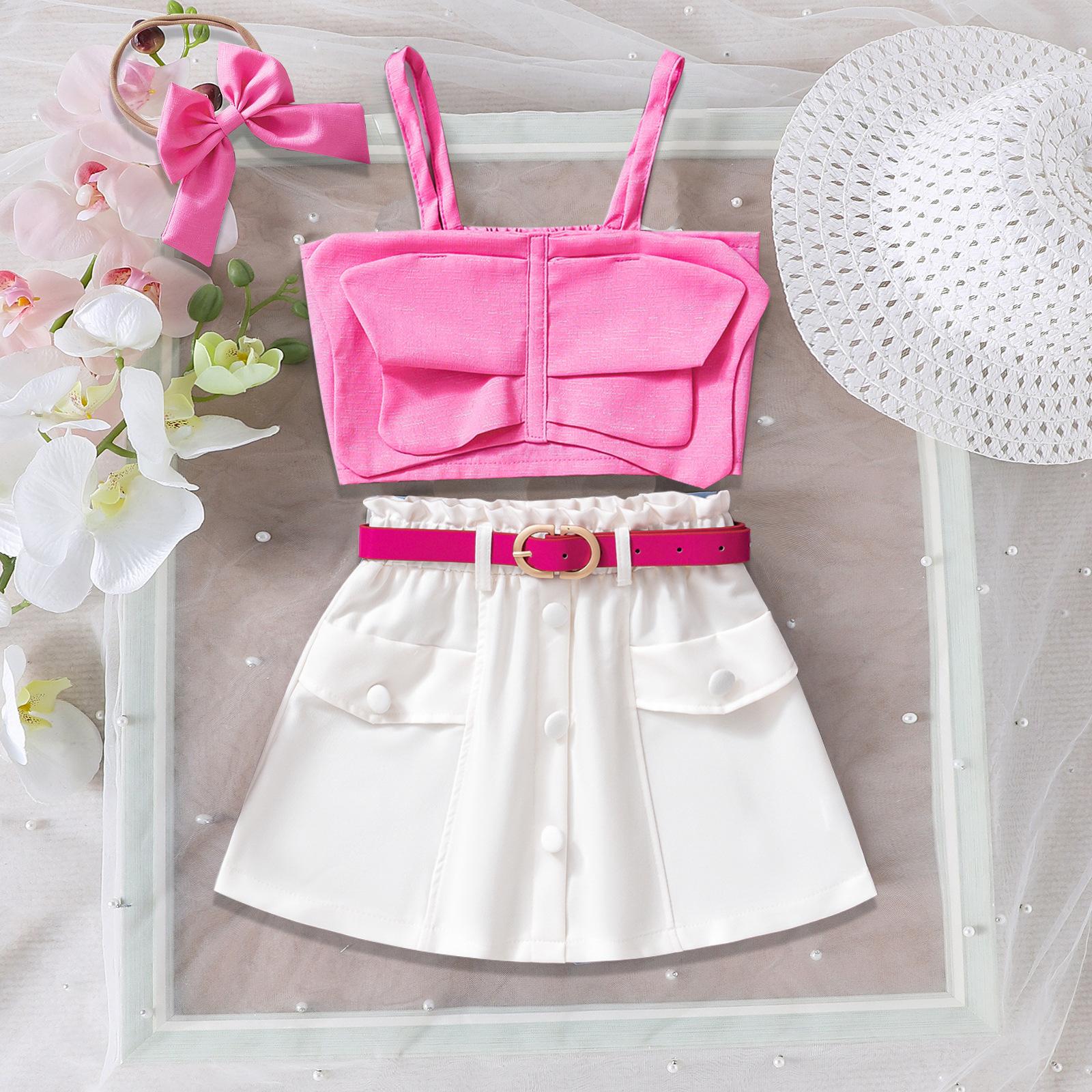 

Летняя детская мода комплект из розового топа + юбки + пояса + головного убора 6Y розы красного