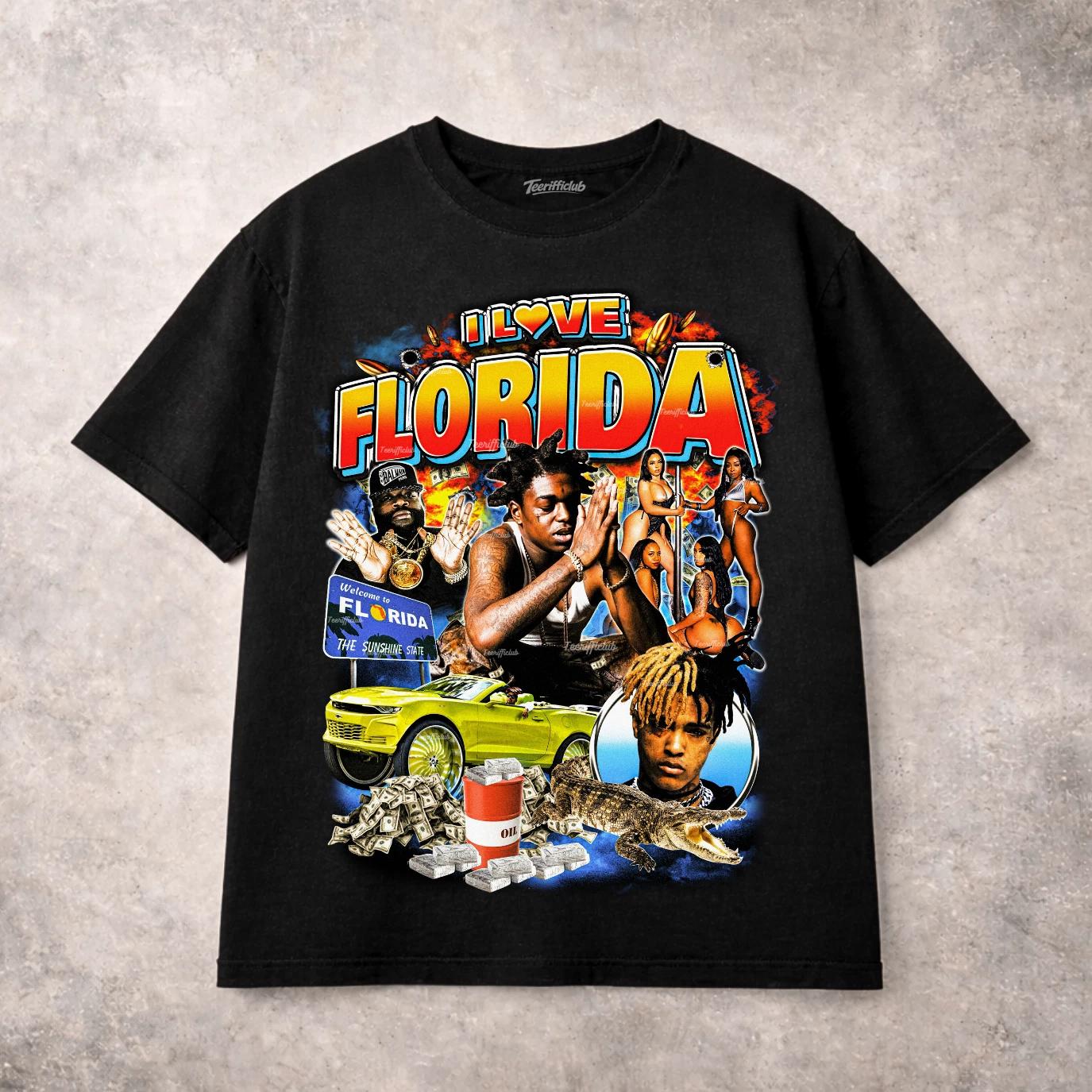 I Love Florida Hip Hop Rap Streetwear Graphic T-Shirt Souvenir Miami Urban Tee S