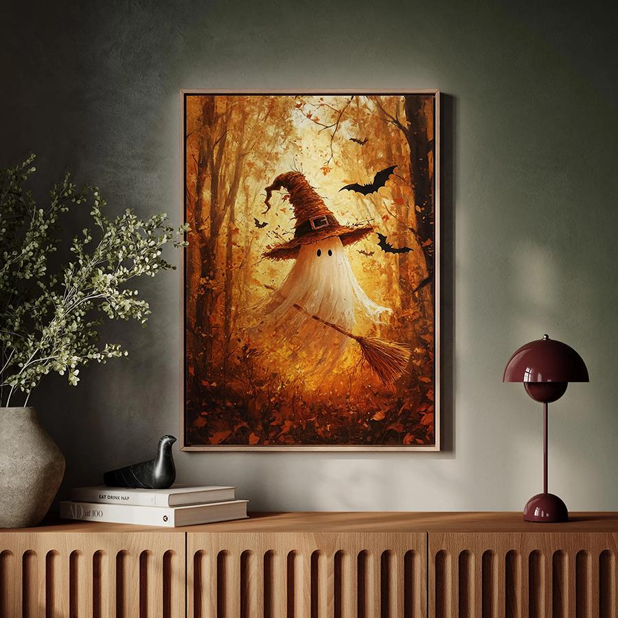 Large Halloween Witch Ghost Prints and Posters Autumn Forest Wall arts Horror Rustic Charm Canvas Posters Wall Decor, No Frame