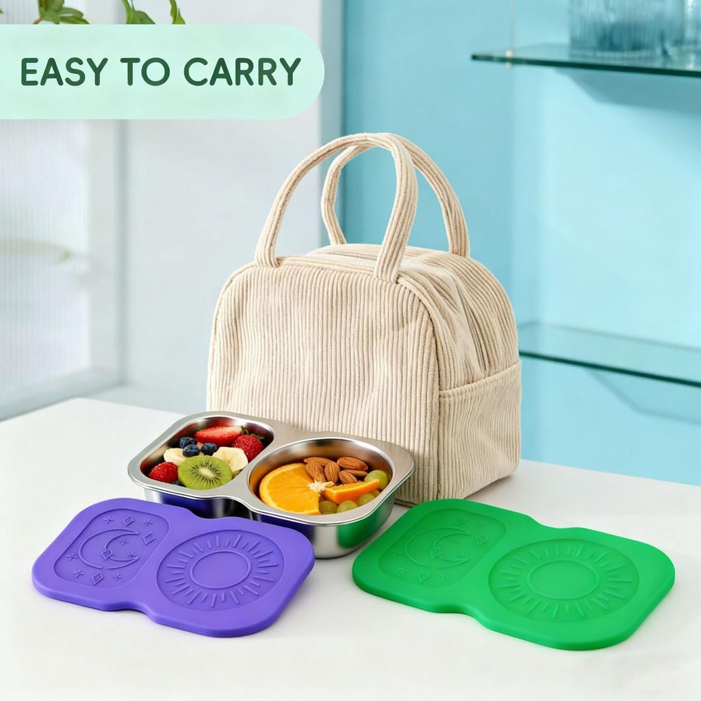 6pcs Snack Container Stainless Steel Double Compartments with Leak Proof Lids Double Dipping Sauce Dish for Sauce Dip Nut Snack