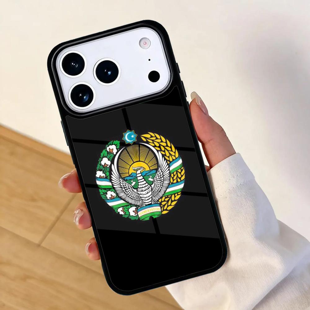 Uzbekistan Flag Coat Of Arms Phone Case For Apple iPhone 17 Air 16 Pro Max 15 Pro Max 14 13 12 11 Mini Back Cover