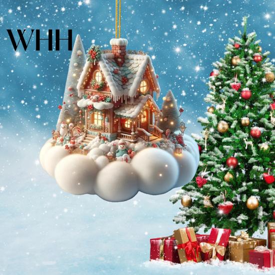 Holiday House Hanging Decor Christmas Pendant Acrylic 2D Flat Ornament Mini Snow-covered Cabin Cartoon Decoration for Tree Mantel Car Charming