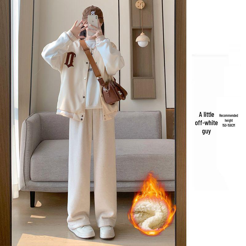 Unisex High-Waisted Thickened Gray Wide-Leg Fleece Pants - Casual Floor-Length Winter Wear