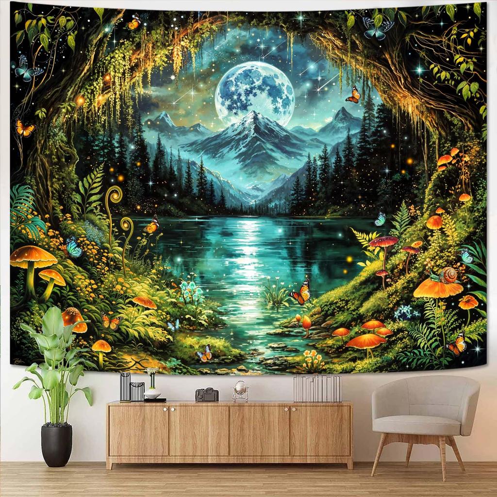 Misty Forest Tapestry, Serene Pine Trees With Sunbeams And Snowy Mountain Wall Art For Nature Lovers And Calm Room Decor