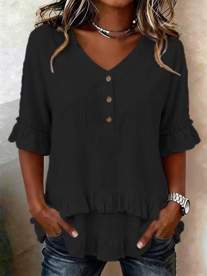 

Women s Retro V Neck Ruffle Half Sleeve T-Shirts Loose Cotton Linen Blouse Casual Tunic Top 2XL чорний
