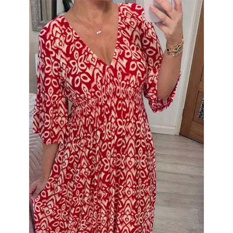 

V-neck Floral Loose Fitting Dress Women V-neck Floral Loose Dress Lake blue XXL