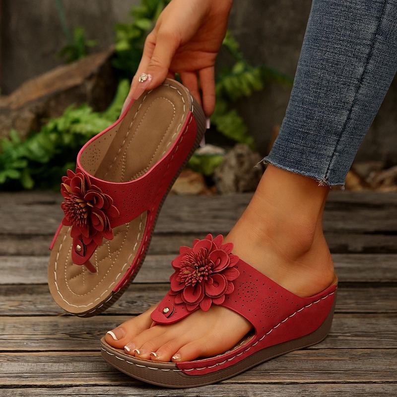 Large size women's shoes summer new slope heel cool slippers wearing flip-flops female flower sandals