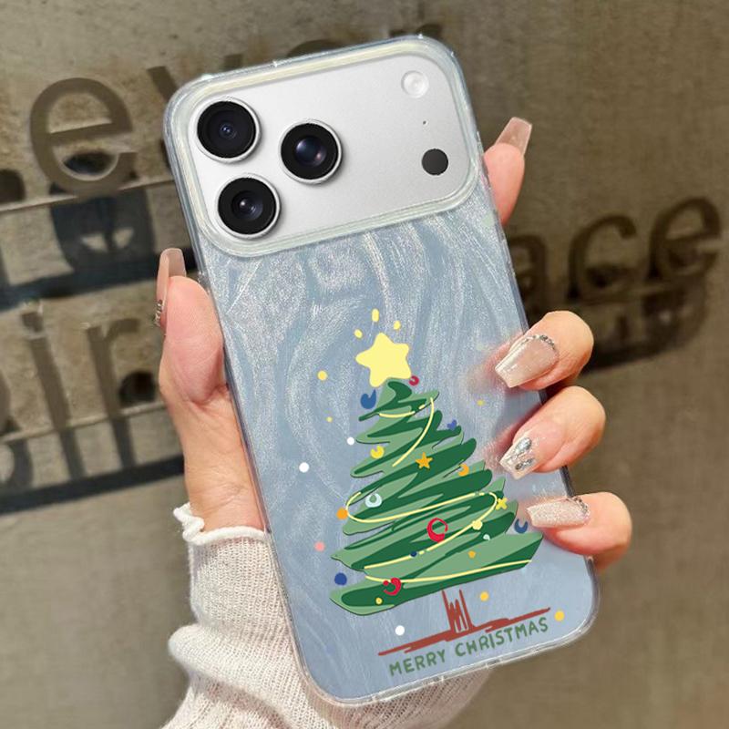 Cartoon Christmas Tree Pattern Phone Case For iPhone 17 Air 16e 16 15 14 Pro Max 13 17 Pro Max Shockproof TPU Hybrid Hard PC Phone Cover