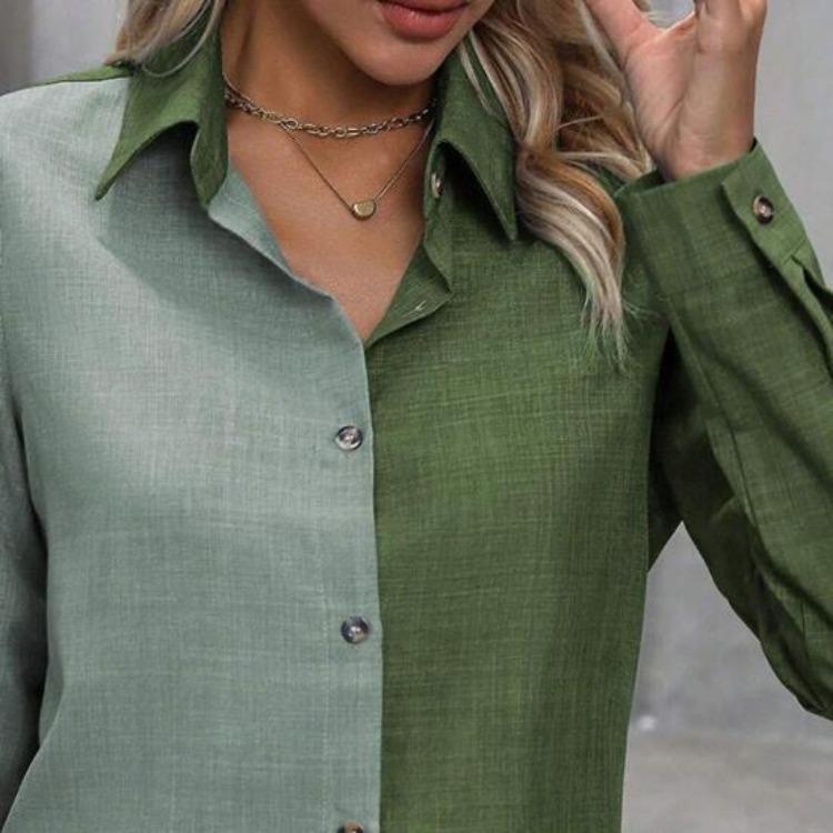 Women Long Sleeve Shirt Lapel Color Blocking Casual Tops Daily Wear Single Breasted Regular Fit