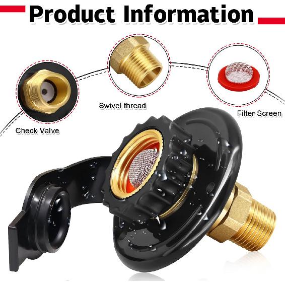RV City Water Inlet With Check Valve, 3/4 NH Female To 1/2 NPT Male Black Flange RV Fresh Water Inlet, Lead-Free Brass RV Water Connection Inlet With