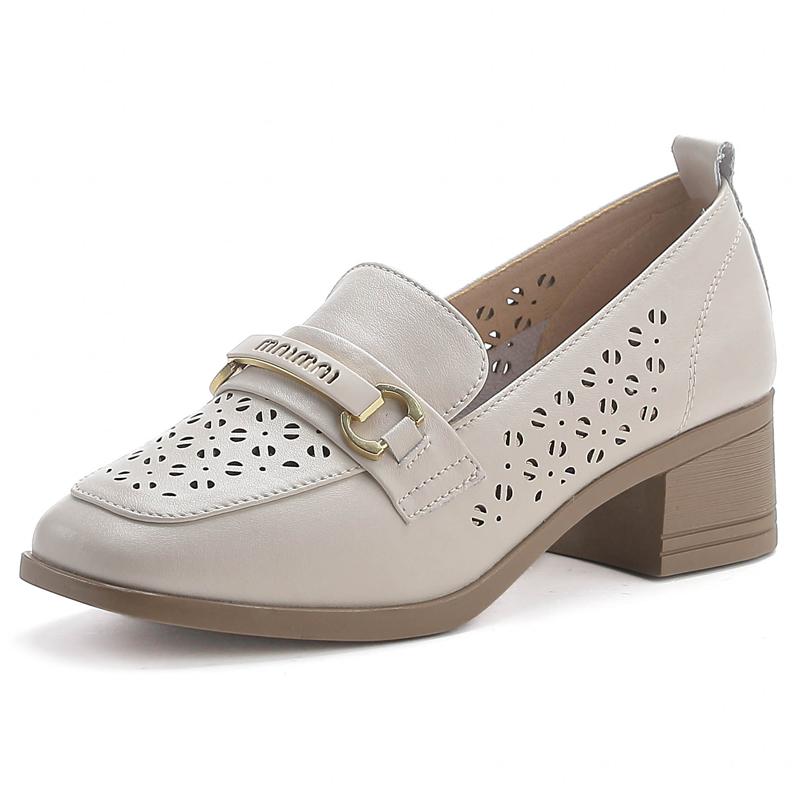 

Lady Sweet Square Toe Thick Heel Single Shoes Cut-out Metal Buckle Women Pumps for Outdoor Office Evening Party Banquet Dancing 35 бежевый