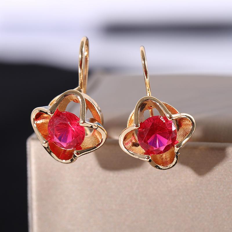 Exquisite  Yellow Gold Color Earrings Red Crystal Female Wedding Zircon Luxury Crystal Earrings for Women Flower Drop Earrings