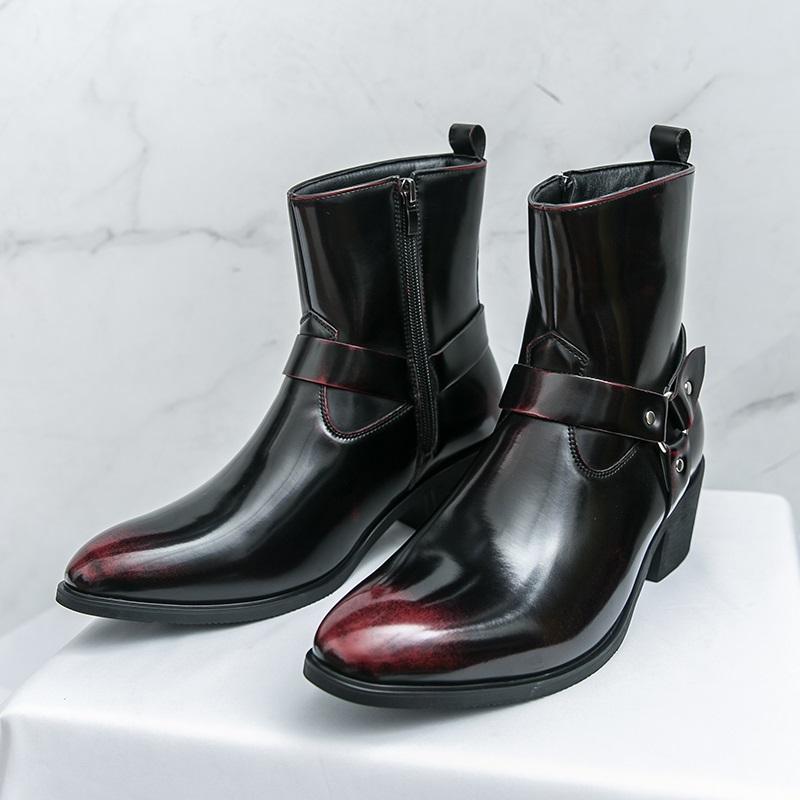 Winter Brand Designer New Pointed Toe Patent Leather Chelsea  Ankle Boot For Men High Tops Monk Strap Punk Rivet Cuban Shoes