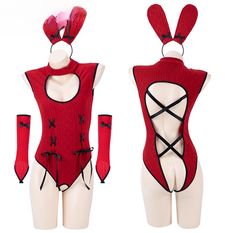 2025 Red Bunny Cheongsam Lingerie: Sexy Knitted Bodysuit